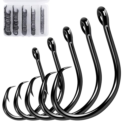 Alwonder 100-Pack Circle Hooks in-Line Fishing Hooks 3X Strong for Catfish, High Carbon Steel Non-Offset Closed Eye Wide Gap Circle Hook for Bass Striper Trout Bluegill Walleye - #4#1#1/0#2/0#3/0 - color: #4 #1 #1/0 #2/0 #3/0 Kit - 3X Strong