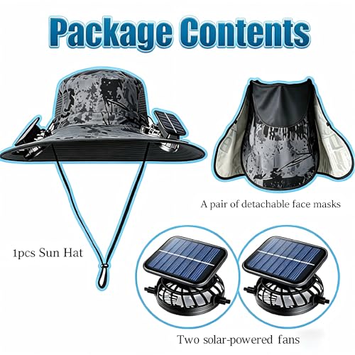 Solar Powered Fan Hat with 2 Fans, Wide Brim Sun Hat for Men Women, Adjustable Cooling Fishing Hat for Outdoor - color: Camo - Gray