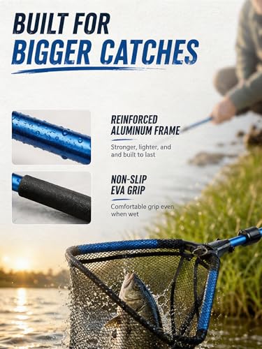 Jenseits Foldable Fishing Landing Net with Telescopic Aluminum Handle, Rubber Coated Fish Net, EVA Floating Frame, Lightweight Extendable Net for Kayak Boat Bass Trout Fishing, Great Gifts for Men