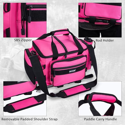 Goture Fishing Tackle Bag,Store Up to 4PCS 3700 Tackle Boxes(Not Included),600D Soft Side Water-Resistant Saltwater Gear Storage Fishing Bag with Rod Straps,Detachable Water Bottle Pouch,SBS Zippers - color: A3:Pink(Without Trays-17.72"x11.81"x9.45"), siz