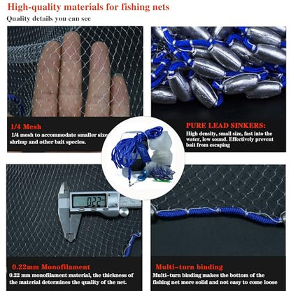 Drasry Saltwater Fishing Cast Net for Bait 3/8 1/4 or 1/2 with Heavy Sinkers Fish Trap Throw Net. Size 3ft/4ft/5ft/6ft/7ft/8ft/9ft/10ft Radius Freshwater Nets - size: 3FT (90cm) Radius, style: 1/4 Mesh Lead Sinkers-mono