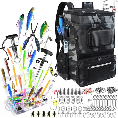 Fishing Backpack with Rod Holder and Tackle Boxes, Cooler, Large 50L Fishing Gear Bag with 139 Fishing Lures Kit, Fish Tool Set, Fish Gifts for Men Woman-Grey Backpack - color: Grey
