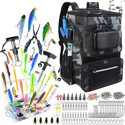 Fishing Backpack with Rod Holder and Tackle Boxes, Cooler, Large 50L Fishing Gear Bag with 139 Fishing Lures Kit, Fish Tool Set, Fish Gifts for Men Woman-Grey Backpack - color: Grey