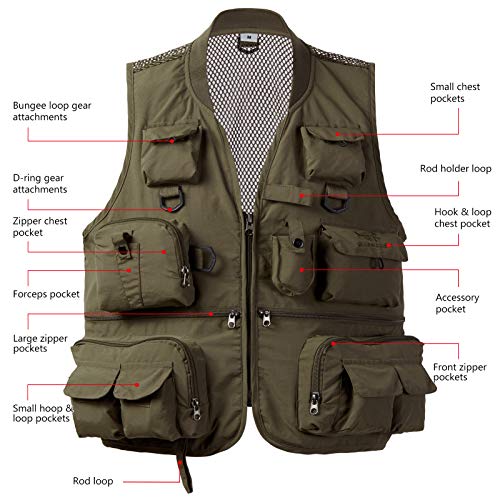 BASSDASH Versatile Men's Women's Fishing Photography Vest with Mesh Back 6 Sizes - color: Army Green, size: 4X-Large