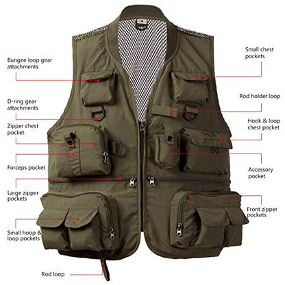 BASSDASH Versatile Men's Women's Fishing Photography Vest with Mesh Back 6 Sizes - color: Army Green, size: 4X-Large