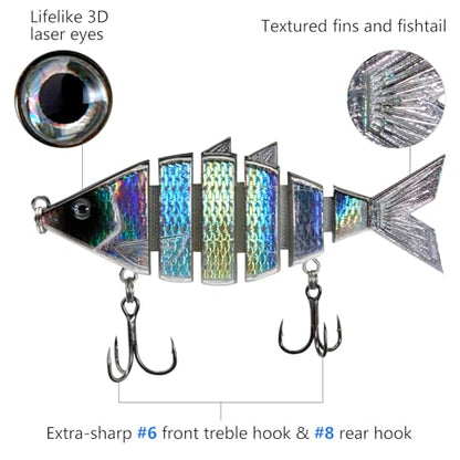 BASSDASH Bone Swimbait Multi Jointed Hard Fishing Lure for Bass Trout Bluegill Pike with Angled Cut Segments - color: Black Silver