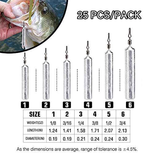 Atibin Drop Shot Fishing Weight Sinker Freshwater Casting Fishing Weights Lead Saltwater Shot Drop Rig Weights Cylinder Skinny - size: Size1 (1/8oz.) 25 pcs