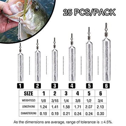 Atibin Drop Shot Fishing Weight Sinker Freshwater Casting Fishing Weights Lead Saltwater Shot Drop Rig Weights Cylinder Skinny - size: Size1 (1/8oz.) 25 pcs