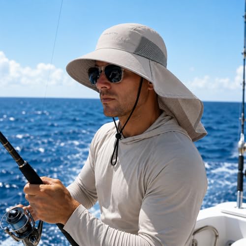 Palmyth Fishing Hat Wide Brim Sun Hat with Neck Flap & Sunglasses Storage | Sun Protection, Adjustable Fit, Breathable Mesh & Sweatband, Foldable, For Men & Women - color: Sand