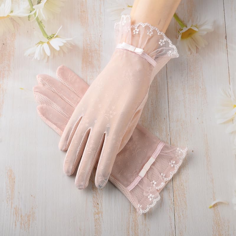 FGSS Summer Sunblock Gloves UV Protection Non-Slip Touchscreen Driving Gloves for Women Cyling Riding Outdoor - color: Pink Lace