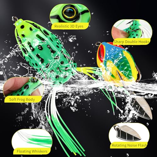 Frog Fishing Lures 6PCS, Topwater Weedless Soft Baits with Spinner Tail, Floating Hollow Body for Bass, Pike, Trout - Freshwater & Saltwater