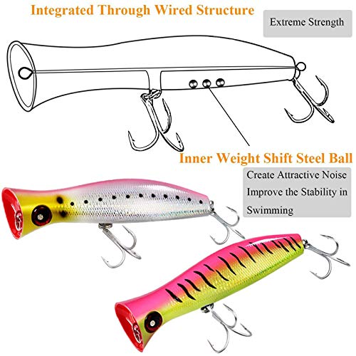 THKFISH Topwater Saltwater Fishing Lures GT Popper with 3X Strong Hook, Surf Fishing 1pc / 3pcs - color: 3pcs 3Colors (RedLaser+ BlueLaser+ GreenLaser )