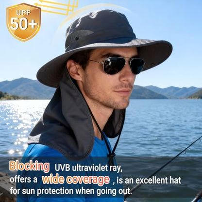 NPQQUAN Sun Hats for Men Women with Neck Flap UPF 50+ UV Protection Wide Brim Bucket Hat Safari Hiking Fishing Hats - color: Khaki（neck Flap）