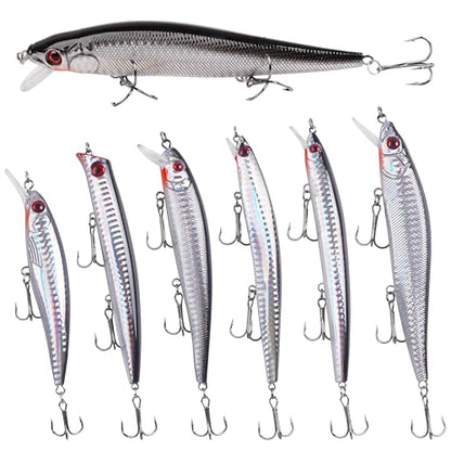 Saltwater Fishing Lures Kit, 6/12pcs Striped Bass Lures Surf Fishing Minnow Lures Deep Diving Jerkbait Popper Plugs Crankbait Fishing Tackle - color: 6PCS