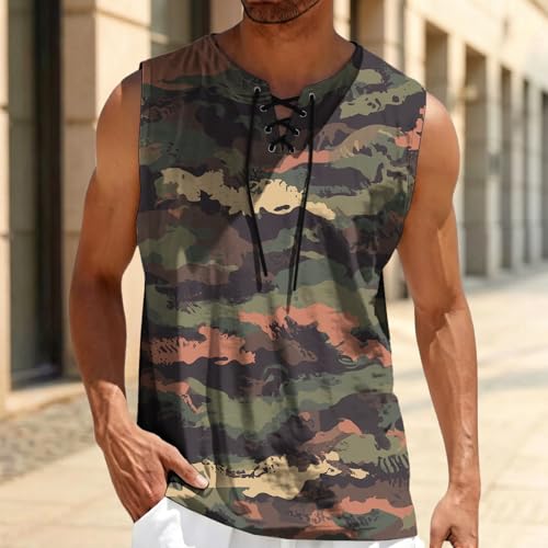 MARSVOVO Mens Print V-Neck Tank Tops Casual Lace-Up Loose Fit Graphic Vest Lightweight Breathable Sleeveless Shirts - color: Pattern D, size: Medium