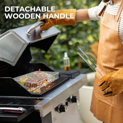 Grill Baskets for Outdoor Grill,Removable Wooden Handle and Divider Panel,BBQ Accessories for Grilling Fish,Veggies,Shrimp,Meat,Premium 304 Stainless Steel,Grilling Tools for Outdoor Cooking & Picnics,Gifts for Father’s Day,Birthday,Festival,Anniversary