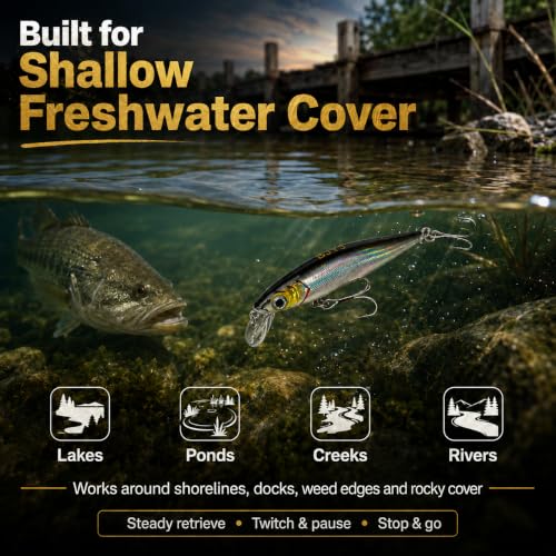 Floating Minnow Fishing Lure, 3.35in 0.30oz ABS Hard Bait with BKK 3X Size 6 Treble Hooks, Weight Transfer Rattle, 1-3ft Shallow Diving Lure for Bass Trout Walleye, Boxed - color: B1-1PCS/0.3OZ-3.35"