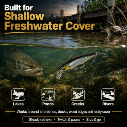Floating Minnow Fishing Lure, 3.35in 0.30oz ABS Hard Bait with BKK 3X Size 6 Treble Hooks, Weight Transfer Rattle, 1-3ft Shallow Diving Lure for Bass Trout Walleye, Boxed - color: B1-1PCS/0.3OZ-3.35"