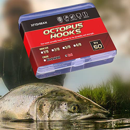 Octopus-Hook-Fishing-Beak-Circle-Hooks-Freshwater-Red-Black-100-50 Pack - color: 1-Red, size: Size:3/0 50-Pack