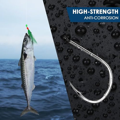 10 pcs Mackerel Feathers Rigs Saltwater, Pre-Tied Sea Fishing Bait Rigs with Luminous Colorful Feathers/Luminous Beads Bionic Flying Insects, Lure Rigs for Mackerel, Pollock, Cod, Bass - size: Hook Size 12+16+18, style: Style 2