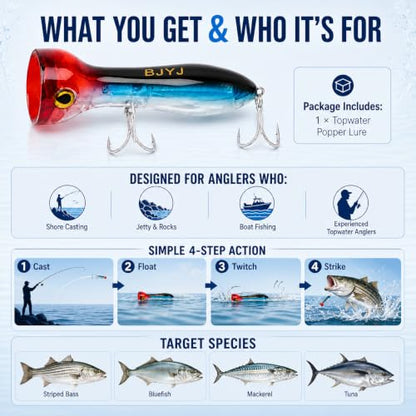 Topwater Popper Fishing Lure, 120mm 4.7in Floating Saltwater Surface Bait with BKK 3X Strong #1 Treble Hooks and Split Rings, Long Casting Hard Lure for Striped Bass Tuna Bluefish Inshore Fishing - color: A2-1PCS/1.48OZ-4.7"