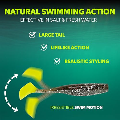 Soft Plastic Paddle Tail Swimbaits – 3 1/4", 4" & 5" Soft Plastic Fishing Lures with Extra-Large Tail for Lifelike Swimming Action – Freshwater & Saltwater - color: Oliver Twist with Chartreuse Tail, size: 3 1/4 Inch - 12 Pack