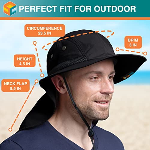 SUN CUBE UPF50+ Sun Hat for Men Women with Neck Flap, Wide Brim UV Protection Fishing Safari Hat for Hiking Beach Gardening - color: Black