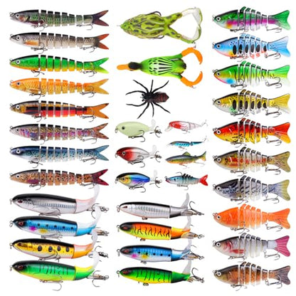 TSKS Fishing Artificial Lures Kit Mixed Including Front Diving Fin Minnow Surface Popper Crank Baits Pencil VIB with Hook and Soft Lures Accessories for Saltwater Freshwater Trout Bass Tackle Gift Set - color: 36pcs
