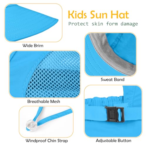 Kids Sun Hat UPF50+ Summer Beach Play Sun Protection Hats with Neck Flap for Ages 5~14 Girls Boys - color: Light Grey＆blue