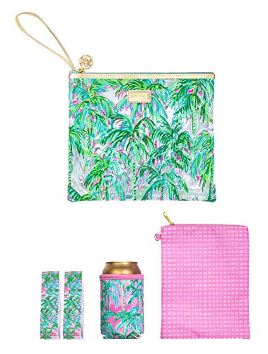 Lilly Pulitzer Water Resistant Vinyl Beach Day Pouch, Zipper Bag Includes Drink Hugger, Small Pouch, and Towel Clips - color: Suite Views