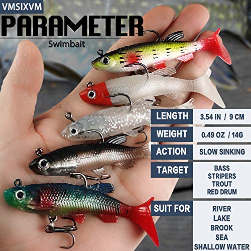 Soft Fishing Lures Shad Minnow Swimbaits, Pre-Rigged Jig Heads Paddle Tail Swim Baits for Bass, Trout, Walleye, Crappie, Sinking Jigs Bait for Saltwater Freshwater, Fishing Gifts for Men - color: A5-Weedness Pre Rigged Swim Baits-5pcs-3.15inch