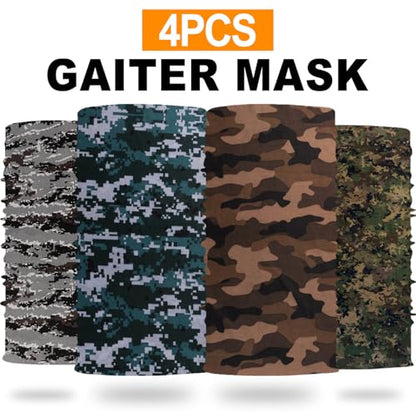 4Pack Neck Gaiter for Men Women Face Cover Mask Head Wrap Balaclava Headwear Bandana Headband Magic Scarf - color: A-camo3