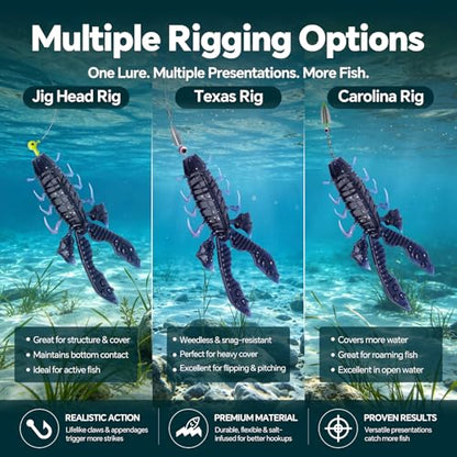 Crawfish Lure 5.5", Soft Plastic Crawdad Creature Bait with Rattles, Weedless Bass Fishing Lure, Realistic Fishing Lures for Freshwater & Saltwater, 3 Pack Red Green Blue - color: Blue (box)