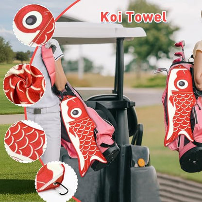 Mindsoft Koi Fish Golf Towel Cute Microfiber Golf Towel Carabiner Clip, Cleaning Cloth & Clubs Koi Pattern Golfs Accessories and Gifts for Men Women(Red) - color: Red