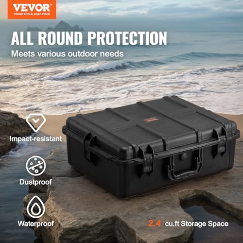 VEVOR Weatherproof Hard Case, Heavy Duty Protective Dry Box with Pre-cut Foam, and Retractable Pull Handles for Travel, Hunting, Military, Tactical, IP67 Waterproof Case for Cameras (24.4×19.3×8.9) - size: 24.41 x 19.29 x 8.86 in