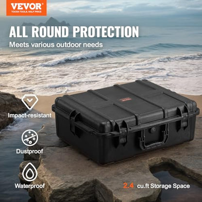 VEVOR Weatherproof Hard Case, Heavy Duty Protective Dry Box with Pre-cut Foam, and Retractable Pull Handles for Travel, Hunting, Military, Tactical, IP67 Waterproof Case for Cameras (24.4×19.3×8.9) - size: 24.41 x 19.29 x 8.86 in