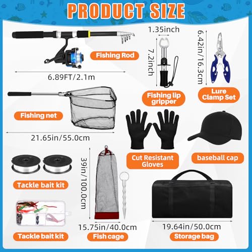 Telescopic Fishing Rod and Reel Combo 2 Pcs Collapsible Fishing Pole Kit with Plier Lip Gripper Lures Carrier Bag Pre-Loaded Spinning Reel for Beginner Men Travel Saltwater Freshwater - size: 6.89ft