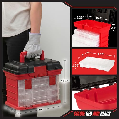 Stalwart Portable Tool Box Small Parts Organizer with Drawers, Red - color: Red and Black