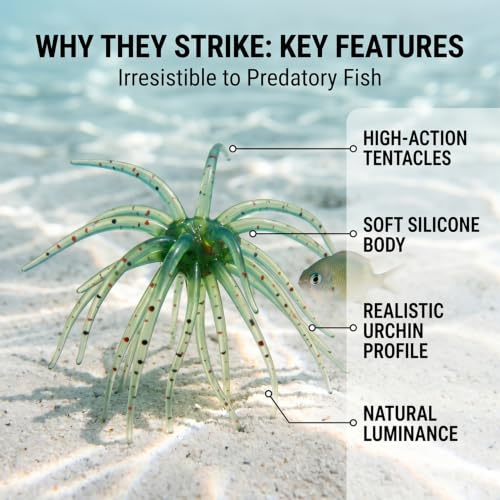 Floating Sea Urchin Soft Lure,3.54" Tentacle Creature Lure,TPR Swimbait with Reflective Stars,Dice Bait for Bass Fishing Drop Shot, Wacky Rig/Neko Rig and Finesse, Slow Sinking (5Pcs)