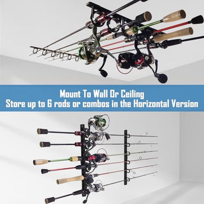 Aventik Vertical/Horizontal Fishing Rod Holder For Garage, Wall, Ceiling Holds Up To 6/12 Fishing Pole Holders (Black) - style: Black