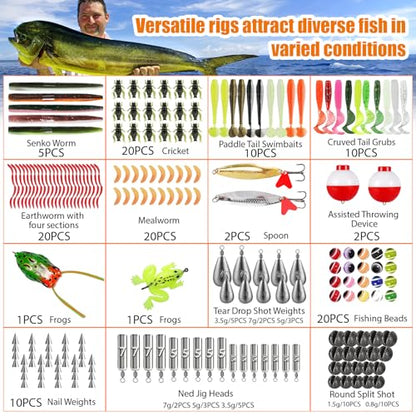 Large 3 Layers Tackle Box with Fishing Tackle Included, 423 Pcs Fishing Lures Kit Crankbaits Fishing Hooks Spoon Worm Tackle Fishing Bait Accessories for Bass Trout Freshwater Saltwater