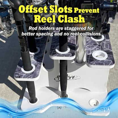 Rush Creek Creations Reel Salty 19-Rod Marine Grade Fishing Pole Holder with Tri-Level Design, UV-Resistant, 100% Waterproof Fishing Rod Holder for Garage and Dock, Blue/White - size: 19-Rod