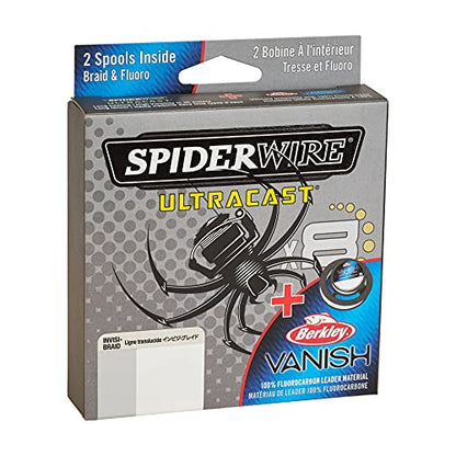 SpiderWire Ultracast Braid Vanish Fluorocarbon Dual Spool, 10lb Translucent Braid with 20lb Clear Fluoro Leader, 164yd | 150m