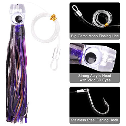 Saltwater Fishing Lures 6/9inch Trolling Lures for Marlin Mahi Tuna Dolphin Shark Big Game Deep Sea Fishing Baits Squid Skirts Rigged Hooks Ocean Gear Tackle - color: Purple-1pcs, size: 9inch