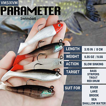 Soft Fishing Lures Shad Minnow Swimbaits, Pre-Rigged Jig Heads Paddle Tail Swim Baits for Bass, Trout, Walleye, Crappie, Sinking Jigs Bait for Saltwater Freshwater, Fishing Gifts for Men - color: A4-Weedness Pre Rigged Swim Baits-5pcs-3.15inch