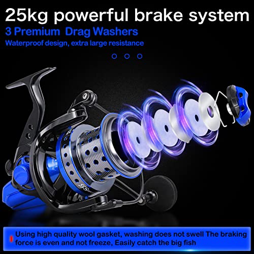 Sougayilang Spinning Reels 10000 Series Surf Fishing Reels, Ultra Smooth Powerful with CNC Aluminum Spool, Inshore & Offshore Saltwater Fishing - color: Blue- SFL10000