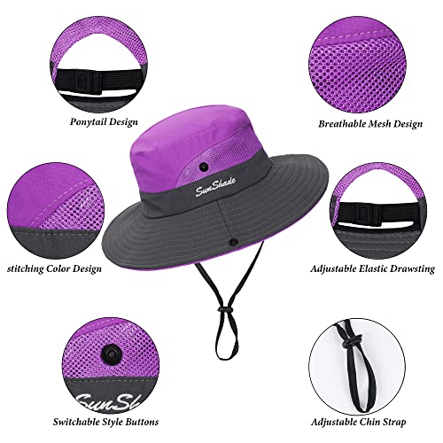 Sun Hat for Women Summer UV Protection Beach Hat Wide Brim Mesh Bucket Fishing Hat with Ponytail Hole Foldable Packable Hat - color: Purple(with Ponytail Hole)