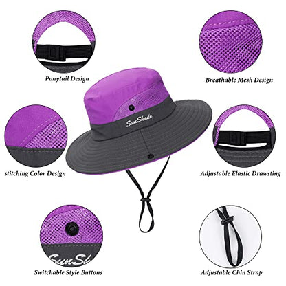 Sun Hat for Women Summer UV Protection Beach Hat Wide Brim Mesh Bucket Fishing Hat with Ponytail Hole Foldable Packable Hat - color: Purple(with Ponytail Hole)