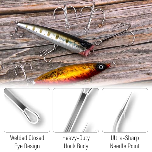 Dr.Fish 30 Pack Round Bend Treble Hooks #16-#8/0, Triple Fishing Hooks Saltwater&Freshwater, Replacement Hardbait Crankbait Spinner Catfish Walleye Trout Salmon Bass Fishing - color: Silver, size: #10-30 Pack