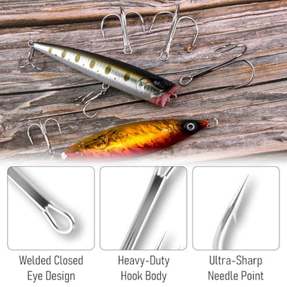 Dr.Fish 30 Pack Round Bend Treble Hooks #16-#8/0, Triple Fishing Hooks Saltwater&Freshwater, Replacement Hardbait Crankbait Spinner Catfish Walleye Trout Salmon Bass Fishing - color: Silver, size: #16-30 Pack